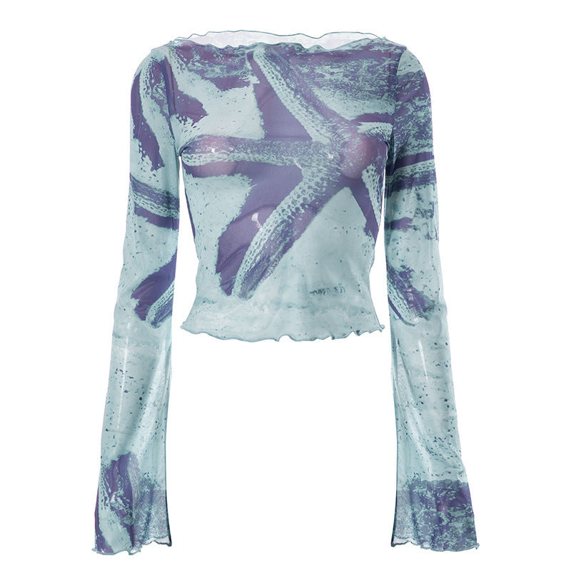 Abstract Printing Bell Sleeve Short Top