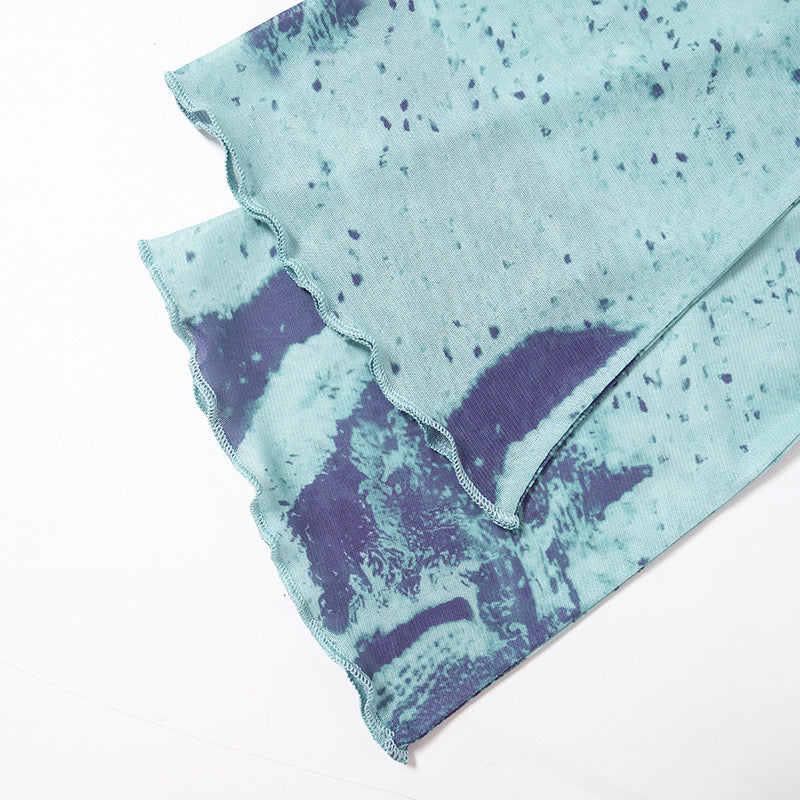 Abstract Printing Bell Sleeve Short Top