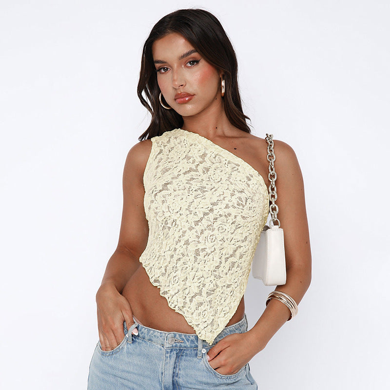 Diagonal Collar Backless Lace Top