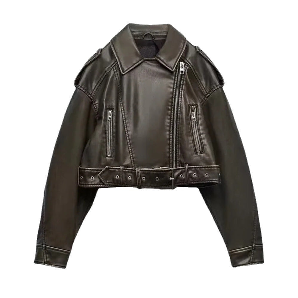 Washed Faux Leather Short Zipper Jacket