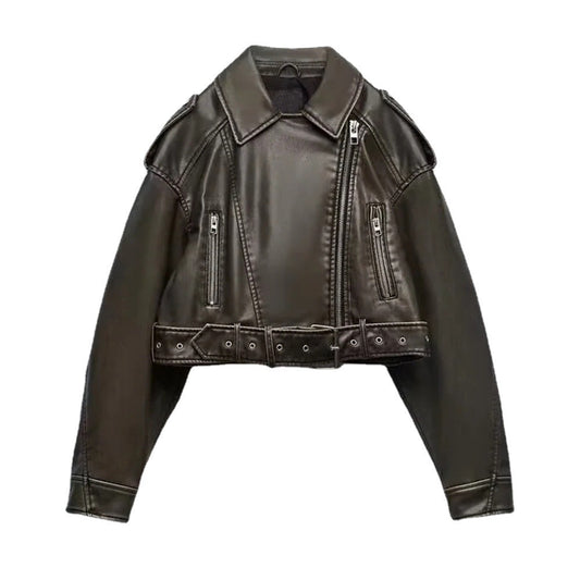 Washed Faux Leather Short Zipper Jacket