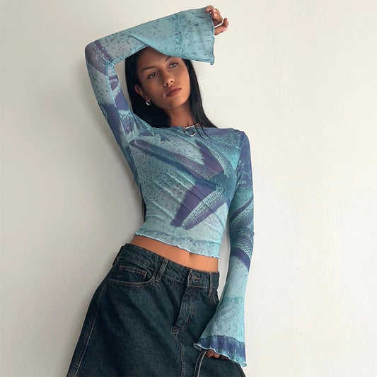 Abstract Printing Bell Sleeve Short Top