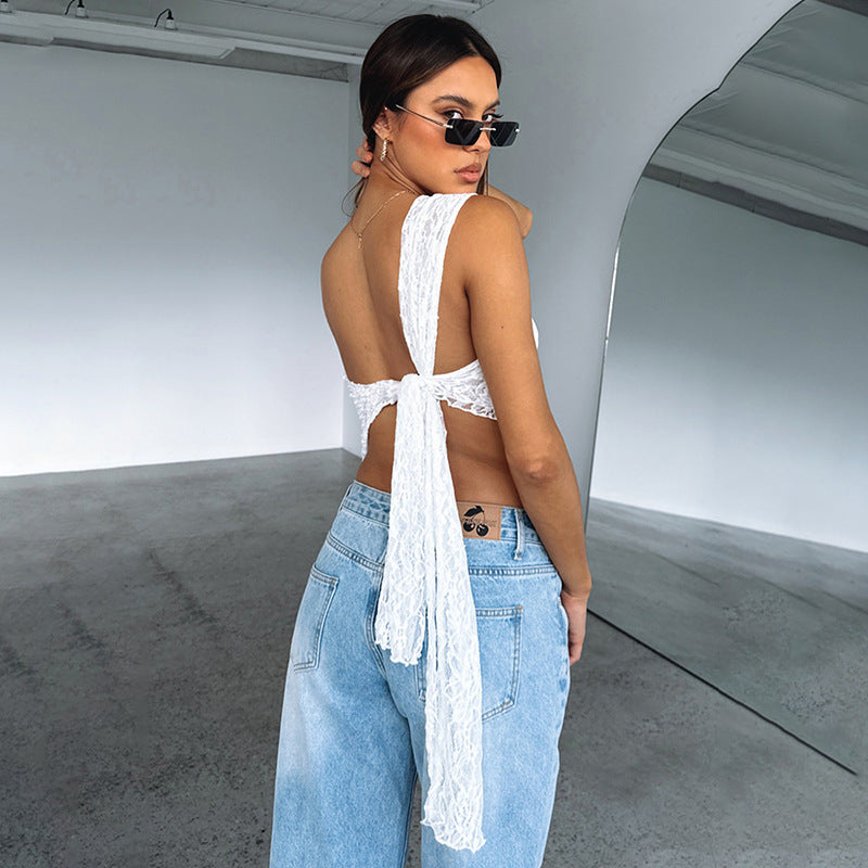 Diagonal Collar Backless Lace Top