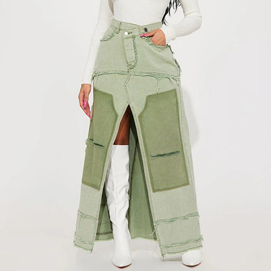 Washed Contrast Color Irregular Denim Skirt