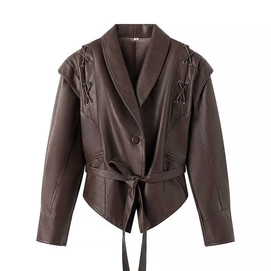 Coffee Brown Lace-up Loose Leather Jacket