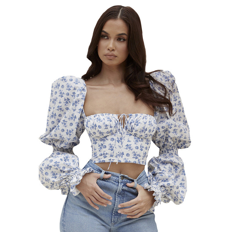 Blue Bubble Sleeve Top