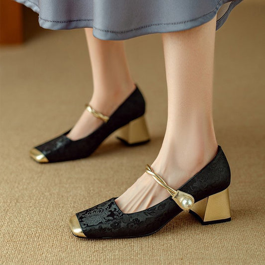 Embossed Silk Square Head With Thick Heels