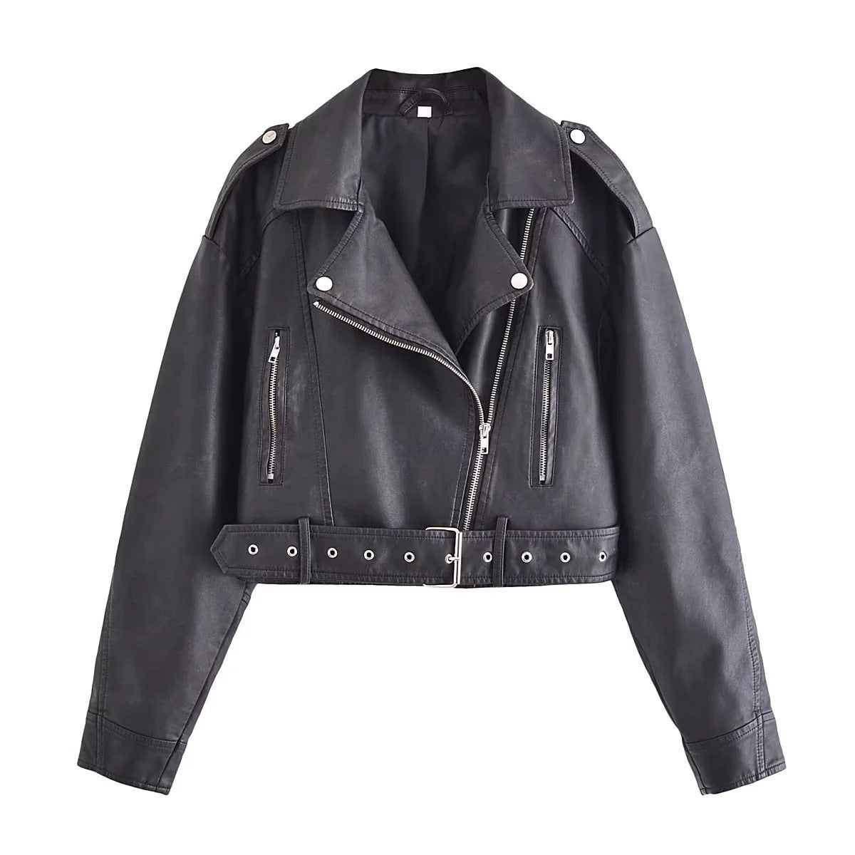 Washed Faux Leather Short Zipper Jacket
