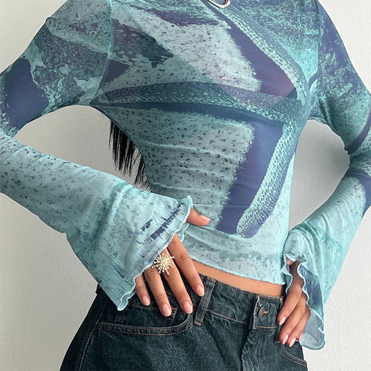 Abstract Printing Bell Sleeve Short Top
