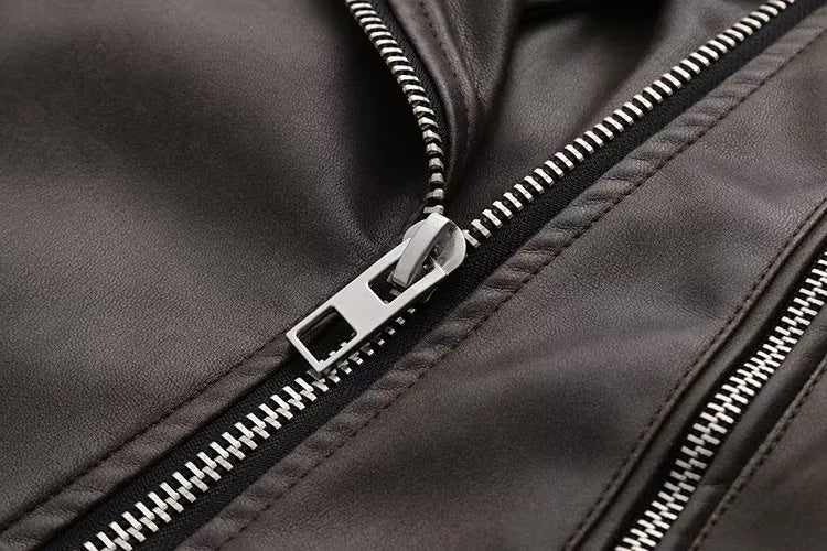 Washed Faux Leather Short Zipper Jacket